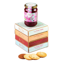 Cookies assortment and raspberry jam
