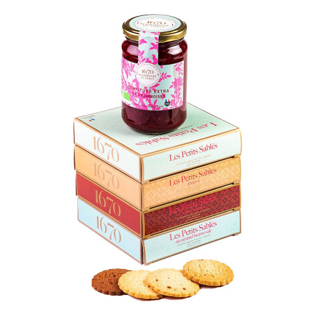 Cookies assortment and raspberry jam