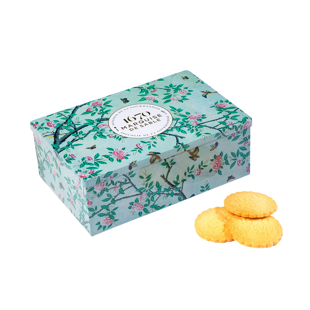 Biscuits sablés assortiment nature pur beurre frais, pépites de framboise et de chocolat - boite métal