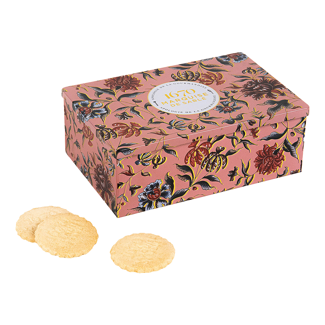 Biscuits sablés assortiment sablés nature, pépites de framboise et tout chocolat - boite métal